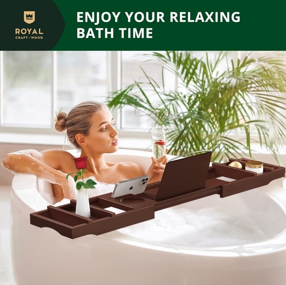 ROYAL CRAFT WOOD Bathtub Tray Caddy Bamboo Expandable22.01"L x 30.98"W x 10.98"H - Picture 7 of 7